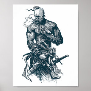 Poster Guerreiro Cossaco Ucraniano Empunhando Espada Luta
