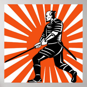 Póster Guerreiro do samurai com espada do katana que