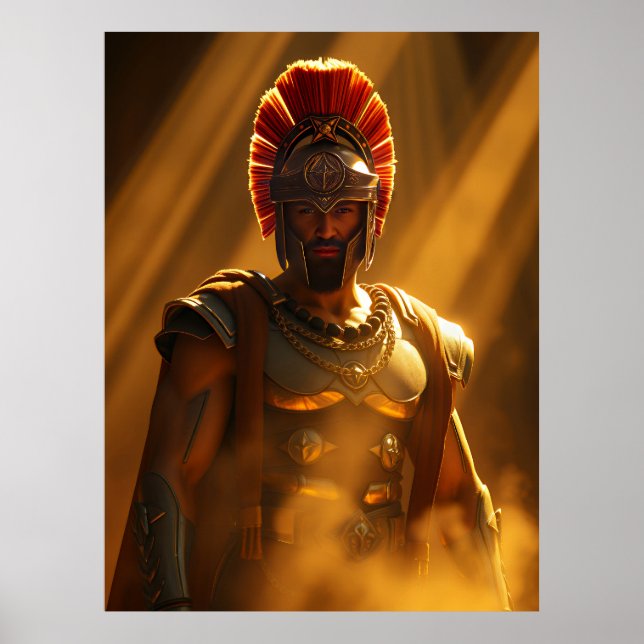 Poster Guerreiro Espartano Antigo sob Luz Solar Dourada (Frente)