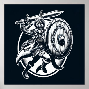 Poster Guerreiro feroz Valkyrie - Arte da Linha Norse Myt