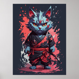 Poster Guerreiro Ninja Gato Cinza Aquarela Legal