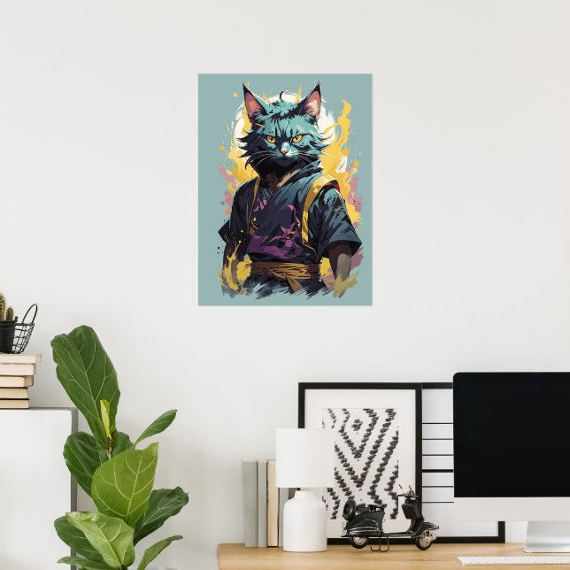 Poster Guerreiro Ninja Gato Cinza com ChSplash de Fogo Le (Escritório em casa)
