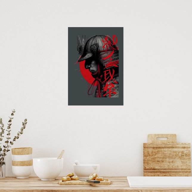 Poster Guerreiro Samurai Arisco Tinta Japonesa Sol Vermel (Cozinha)