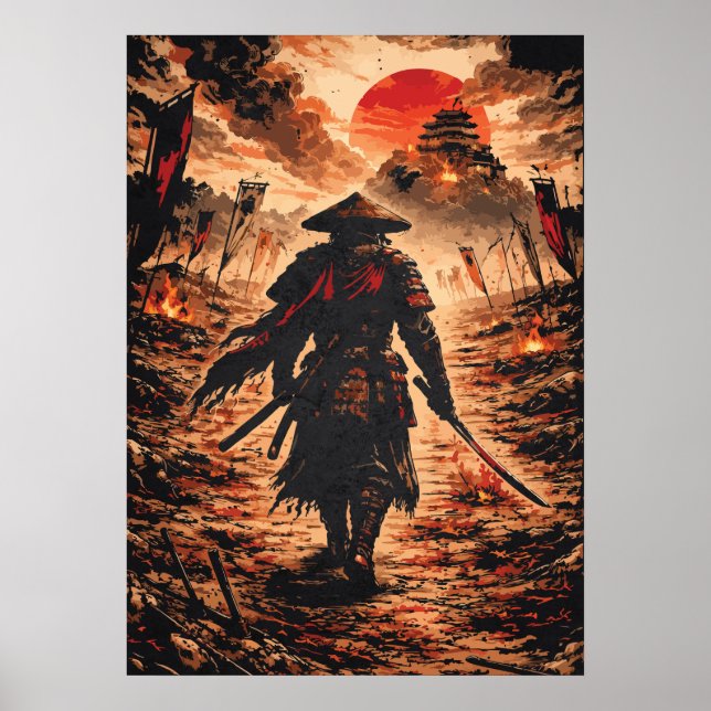 Poster Guerreiro Samurai em Campo de Batalha, Arte de Ani (Frente)
