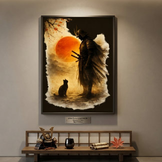 Poster Guerreiro Samurai Japonês & Gato Preto Sob Lua de