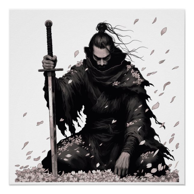 Póster Guerreiro Samurai Minimalista Escuro com Pétalas d (Frente)