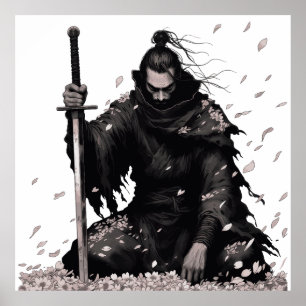 Poster Guerreiro Samurai Minimalista Sombrio com Pétalas 