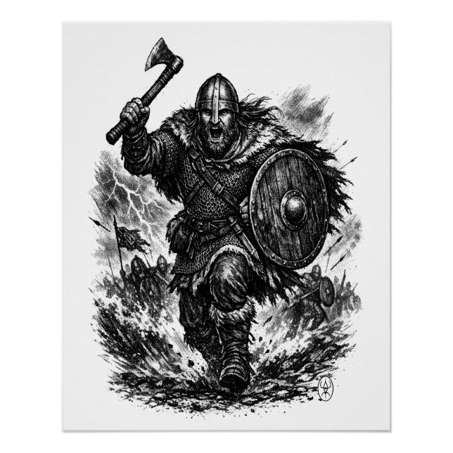 Póster Guerreiro Viking Forjado pela Tempestade em Tinta (Frente)