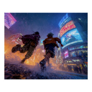 Póster Guerreiros de Anime Cyberpunk Luta na Chuva