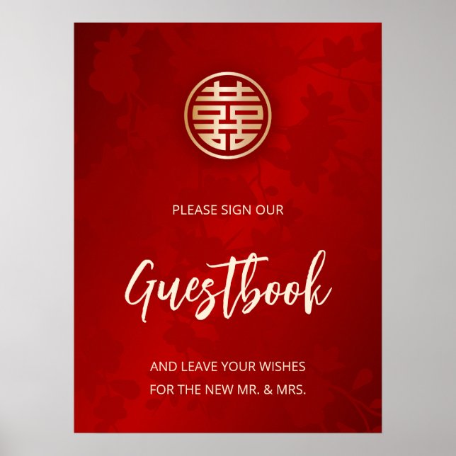 Poster Guestbook Red Floral Casado Chinês (Frente)