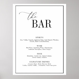 Poster guião elegante menu bar de casamento preto e branc