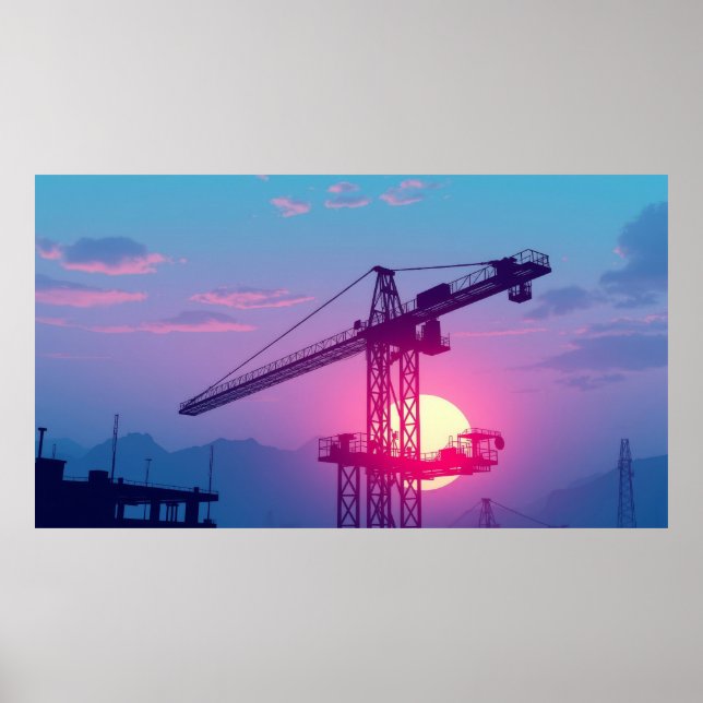 Poster Guindaste de construção ao pôr do sol (Frente)