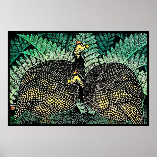 Poster Guiné Hens kasamatsu shiro folha de aves arte japo (Frente)