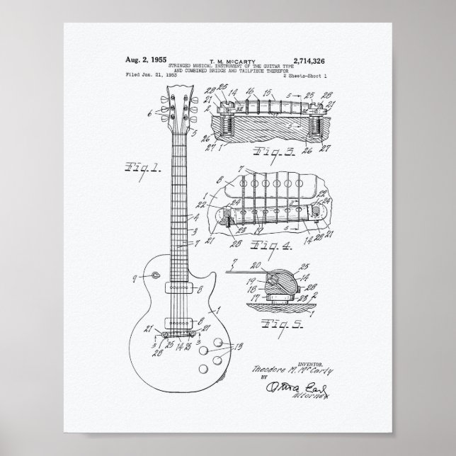 Poster Guitar 1955 - Patent Art - White Paper (Frente)