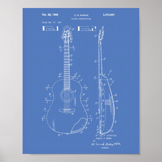 Póster Guitar 1969 - Patent Art Blueprint (Frente)