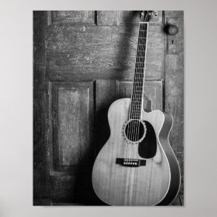 Poster Guitar Leaning Against Door in Black and White