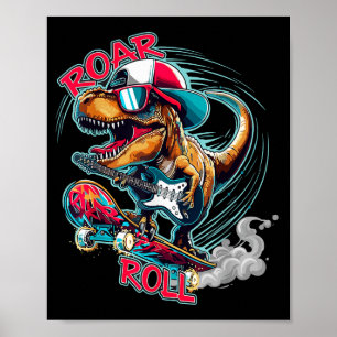 Poster Guitar Skater T-rex Rugido Rolante Dinossauro Para