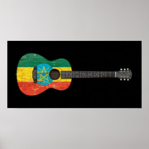 Póster Guitarra acústica da bandeira etíope gasta, pret