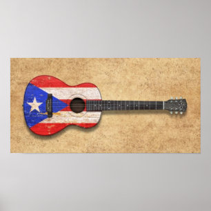 Póster Guitarra acústica da bandeira gasta de Puerto Ric