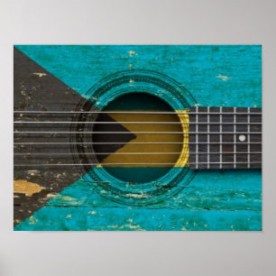 Póster Guitarra acústica velha com bandeira de Bahamas