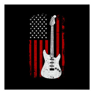 Póster Guitarra Americana Bandeira dos EUA Tocador de Mús