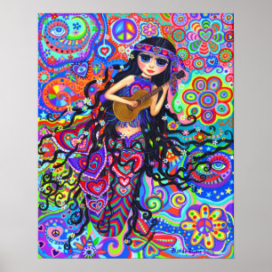 Poster Guitarra de Bonita Menina de Hippie Bonita