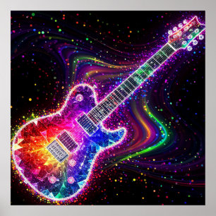 Poster Guitarra Elétrica Arco-Íris Vibrante Com Abstrato