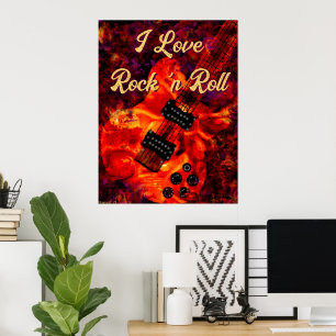 Poster Guitarra Elétrica em Fire Red Black Love Rock n Ro