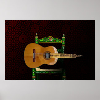 Poster Guitarra española con Giralda de Sevilla y silla.