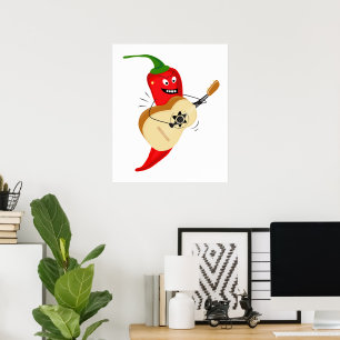 Poster Guitarra Tocando Pimenta Chili, Cartum Engraçado