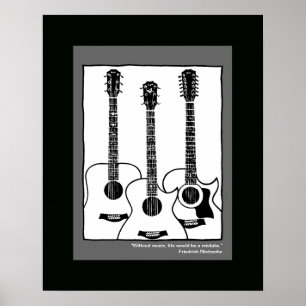 Poster guitarras acústicas gráficas brancas pretas