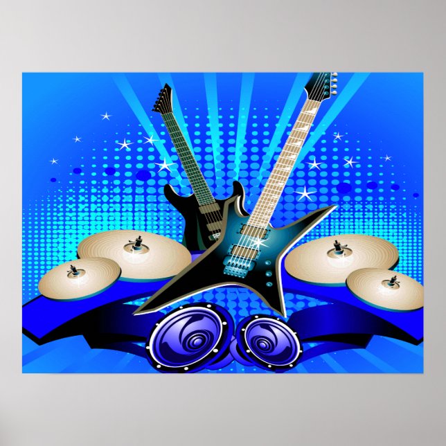 Póster Guitarras, tambores e Auto-falantes elétricos azui (Frente)