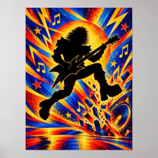 Poster Guitarrista de Hard Rock Saltando no Palco Silhuet