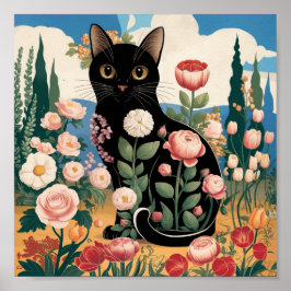 Poster Gustav Klimt Floral Black Cat Moderna Arte Eclétic