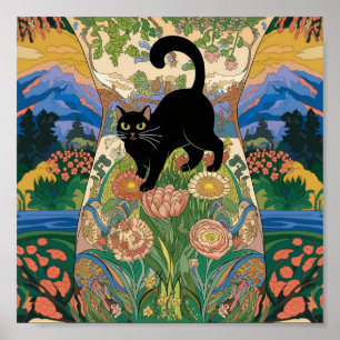 Poster Gustav Klimt Floral Gato Preto Arte Vintage Altera