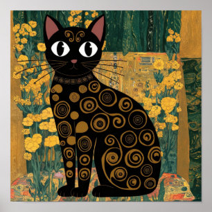Poster Gustav Klimt Floral Gato Preto Arte Vintage Altera