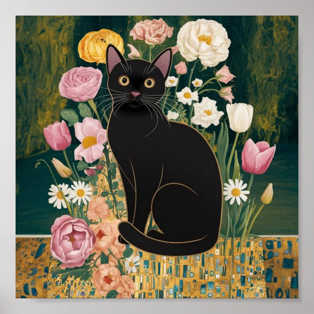 Poster Gustav Klimt Gato Preto em um Jardim de Flores, Ar (Frente)