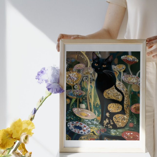 Poster Gustav Klimt Gato Preto em um Jardim de Flores, Ar (Criador carregado)