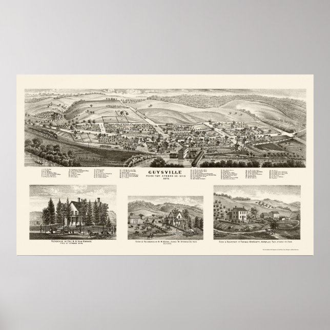 Póster Guysville, Mapa Panorâmico OH - 1875 (Frente)