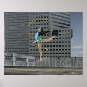 Póster Gymnast da mulher fora no telhado que salta no ar