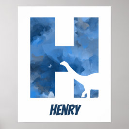 Poster "H" Dinossauro Aquarela Azul Nome da Criança Poste