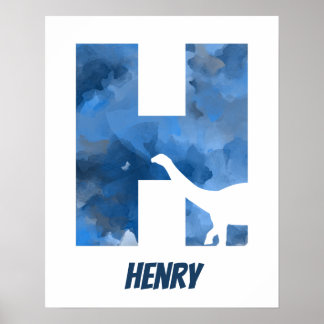 Poster "H" Dinossauro Aquarela Azul Nome da Criança Poste