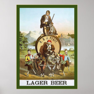 Póster H. & J. Lager Beer ~ 1870s ~ Publicidade Vintage