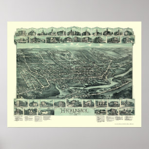 Póster Hackensack, Mapa Panorâmico NJ - 1896