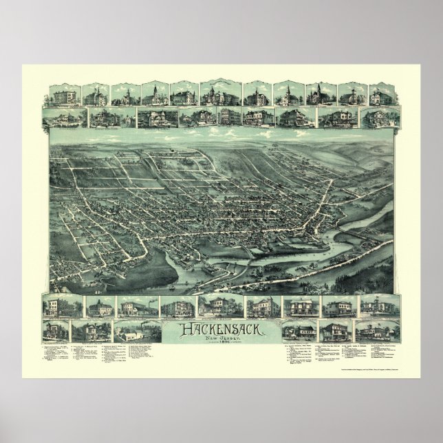 Póster Hackensack, Mapa Panorâmico NJ - 1896 (Frente)