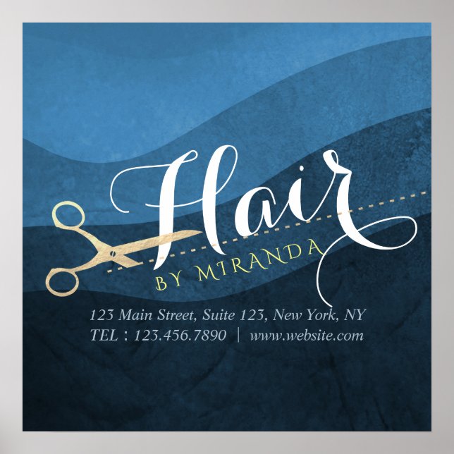 Poster Hair Salon Hairstylist Tesoura Azul e Dourada Mode (Frente)