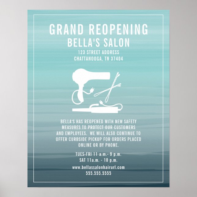 Poster Hair Salon Reabrindo Covid Safety Aqua Ombre (Frente)