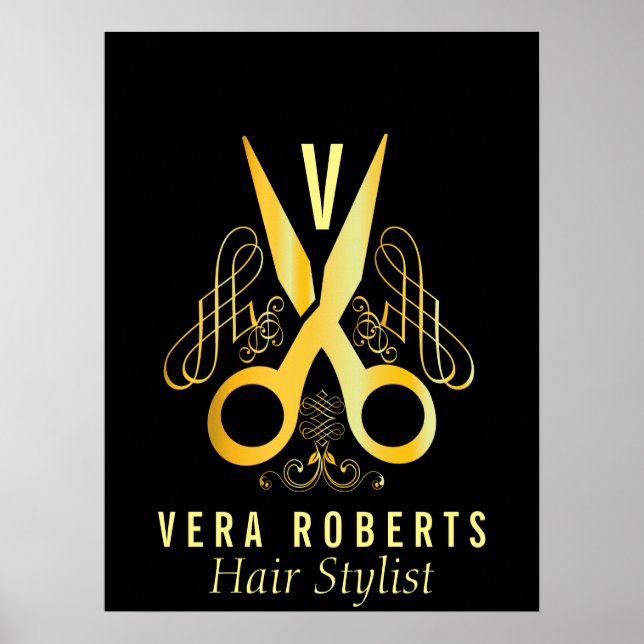 Poster Hair Stylist Dourada Tesoura & Beauty Salon elegan (Frente)