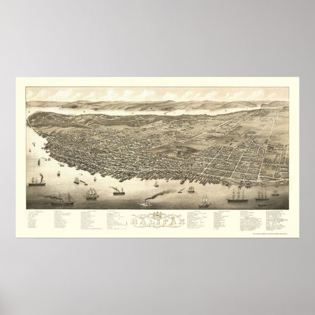 Póster Halifax, NS, Mapa Panorâmico do Canadá - 1879 (Frente)