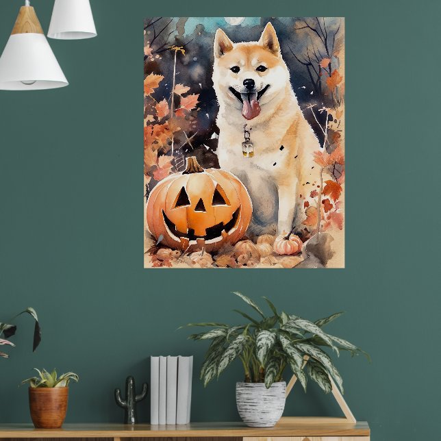 Poster Halloween Akita Com Pumpkins Assustado (Sala de Estar 1)
